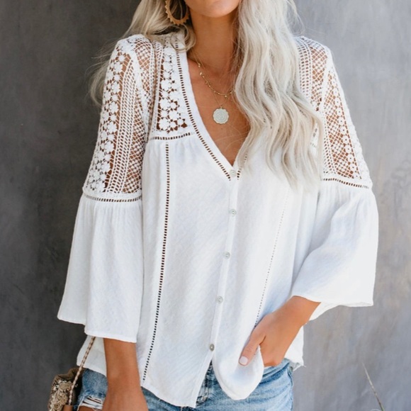 New Boho White Lace Festival Button Front Blouse - Picture 2 of 10